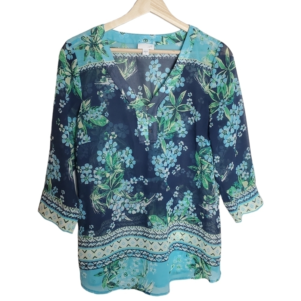 J. Jill Popover Tunic Blouse Womens Small Oversized Blue Floral‎ Sheer V-neck
